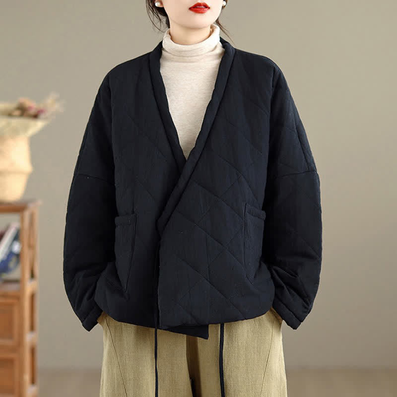 Buddha Stones Fall Winter Casual Minimalist Quilted Design Drawstring Solid Cropped Women's Kimono With Pockets - image 13
