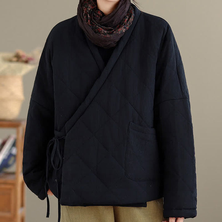 Buddha Stones Fall Winter Casual Minimalist Quilted Design Drawstring Solid Cropped Women's Kimono With Pockets - image 13