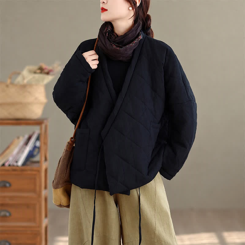 Buddha Stones Fall Winter Casual Minimalist Quilted Design Drawstring Solid Cropped Women's Kimono With Pockets - image 11