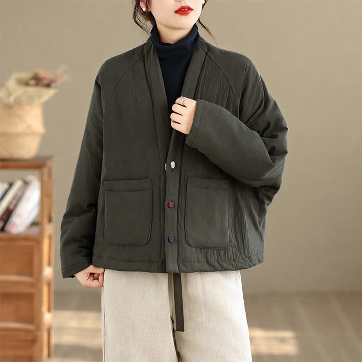 Buddha Stones Fall Winter Casual Tang Style Frog Button Solid Cropped Women's Kimono With Pockets - DarkGreen - US14, UK/AU18, EU46 (2XL) - image 0