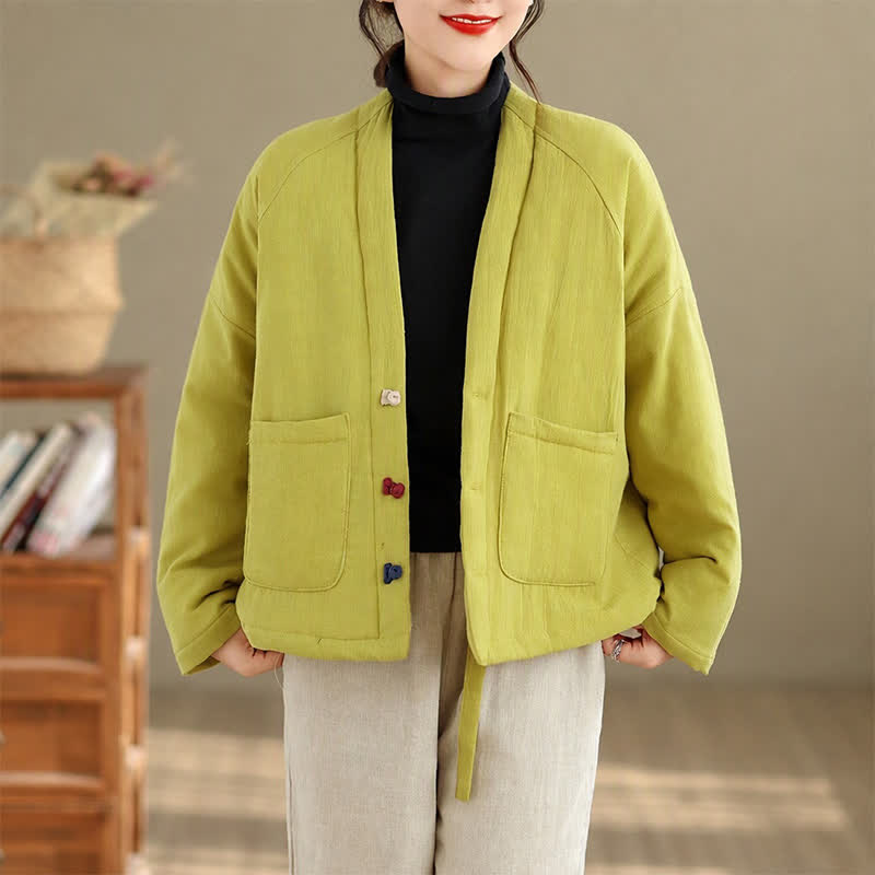 Buddha Stones Fall Winter Casual Tang Style Frog Button Solid Cropped Women's Kimono With Pockets - YellowGreen - US14, UK/AU18, EU46 (2XL) - image 24
