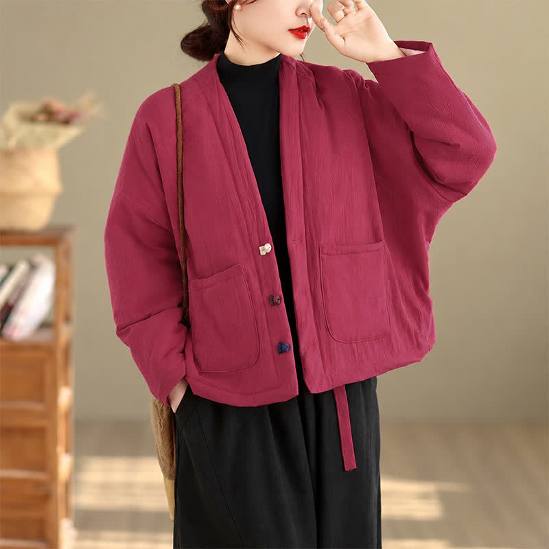 Buddha Stones Fall Winter Casual Tang Style Frog Button Solid Cropped Women's Kimono With Pockets - IndianRed - US14, UK/AU18, EU46 (2XL) - image 12