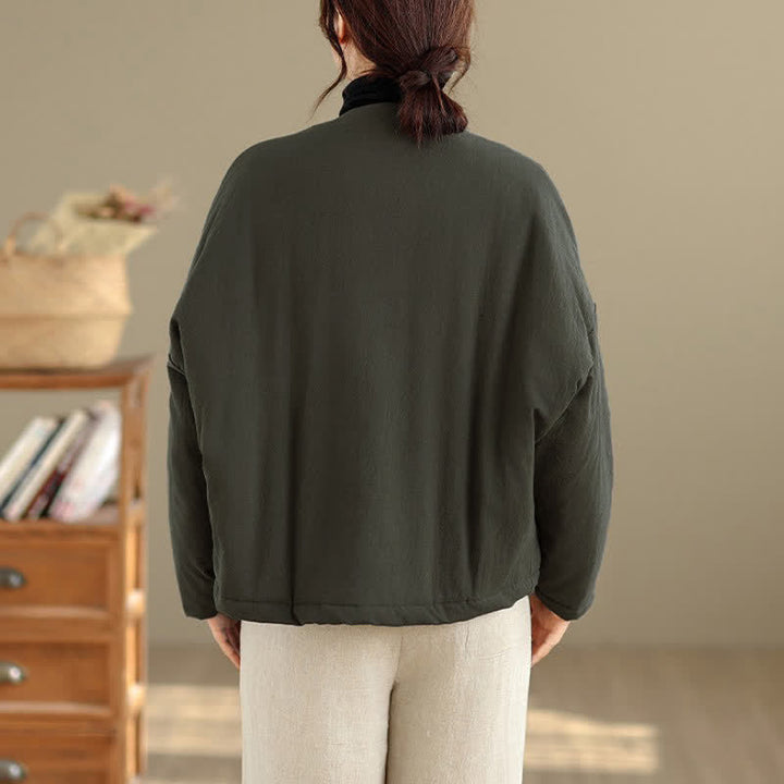 Buddha Stones Fall Winter Casual Tang Style Frog Button Solid Cropped Women's Kimono With Pockets - image 4