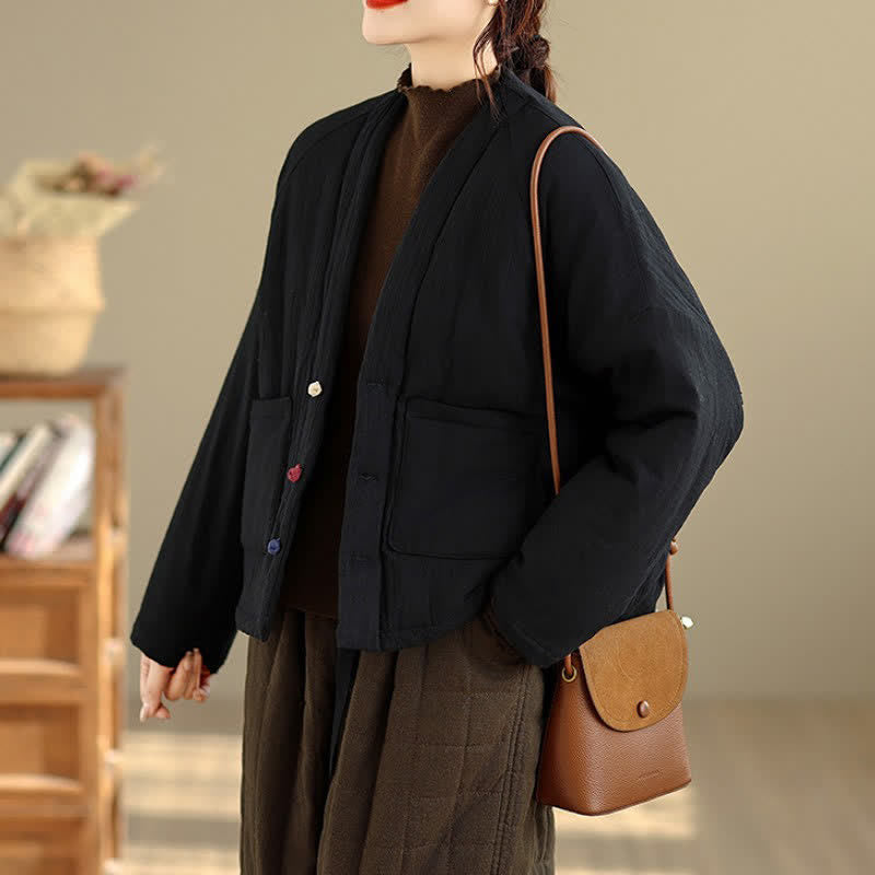 Buddha Stones Fall Winter Casual Tang Style Frog Button Solid Cropped Women's Kimono With Pockets - image 22