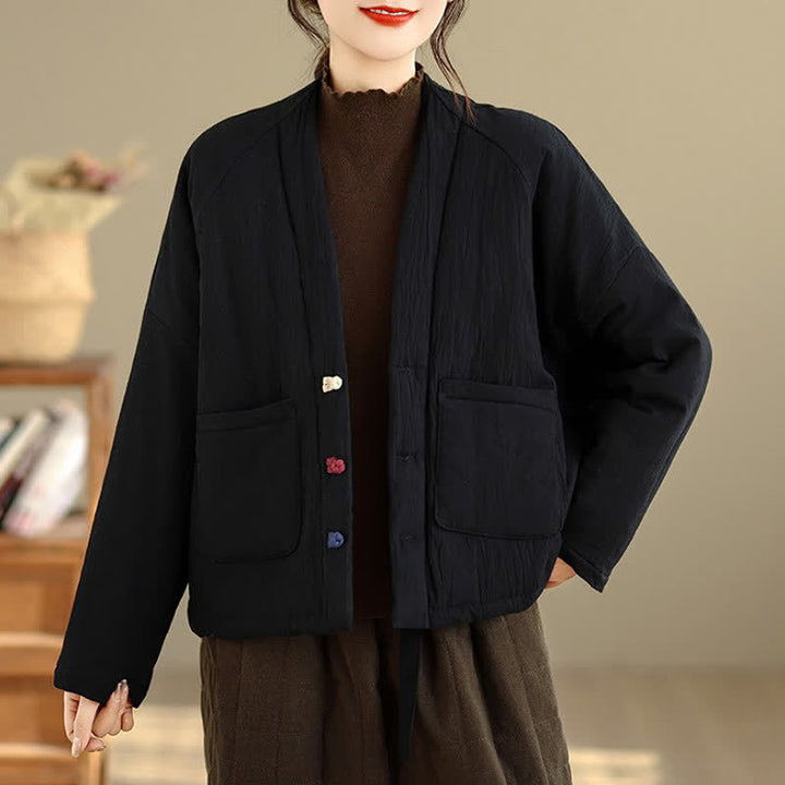 Buddha Stones Fall Winter Casual Tang Style Frog Button Solid Cropped Women's Kimono With Pockets - image 20