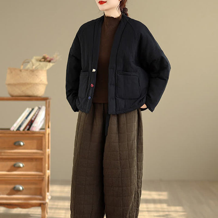 Buddha Stones Fall Winter Casual Tang Style Frog Button Solid Cropped Women's Kimono With Pockets - image 23