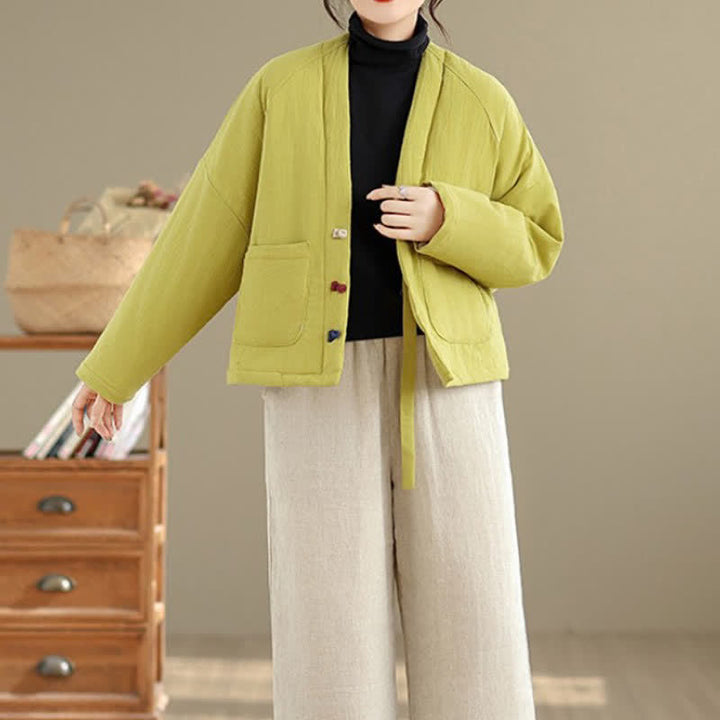 Buddha Stones Fall Winter Casual Tang Style Frog Button Solid Cropped Women's Kimono With Pockets - image 28