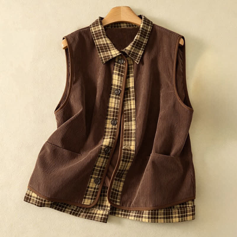 Buddha Stones Fall Vintage Button-Up Plaid Tank Top Corduroy Women's Vest With Pockets - SaddleBrown - US8-10, UK/AU12-14, EU40-42 (2XL) - image 0