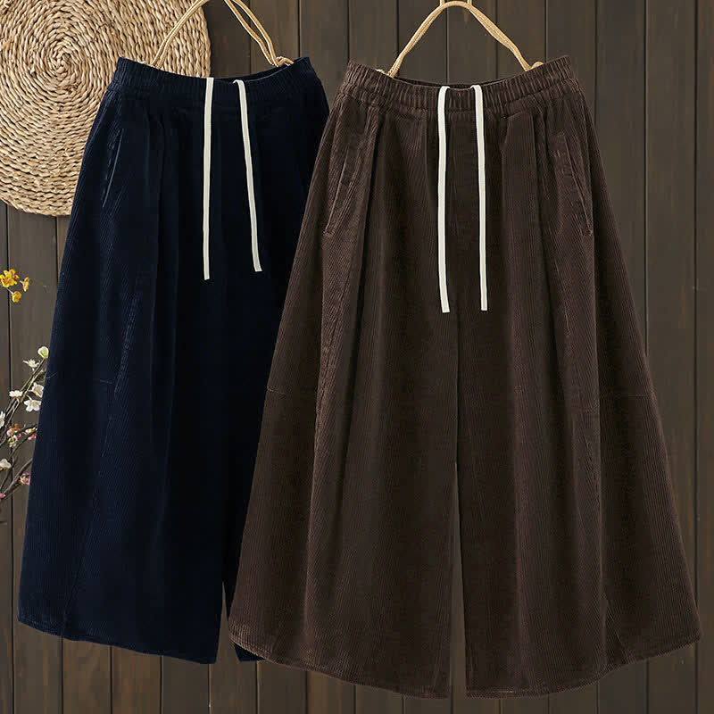 Buddha Stones Fall Winter Casual Drawstring Solid Corduroy Capri Pants Corduroy Women's Wide Leg Pants With Pockets - image 12
