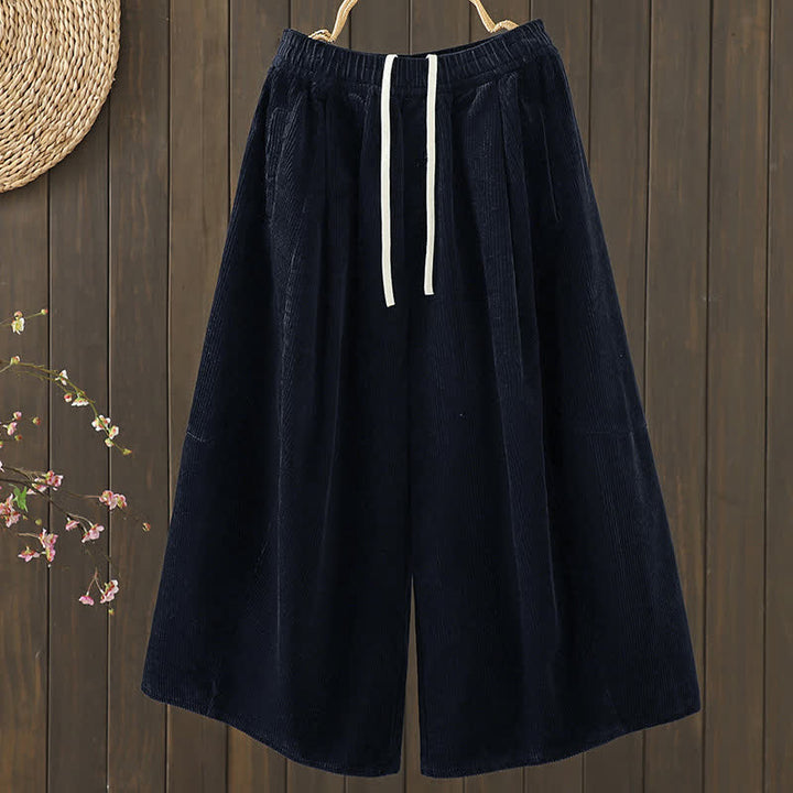 Buddha Stones Fall Winter Casual Drawstring Solid Corduroy Capri Pants Corduroy Women's Wide Leg Pants With Pockets - Black - US12, UK/AU16, EU44 (2XL) - image 8