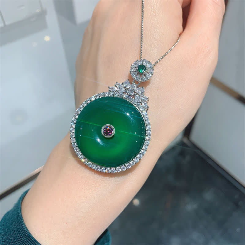 Green Chalcedony Round Peace Buckle Strength Necklace Pendant - image 1