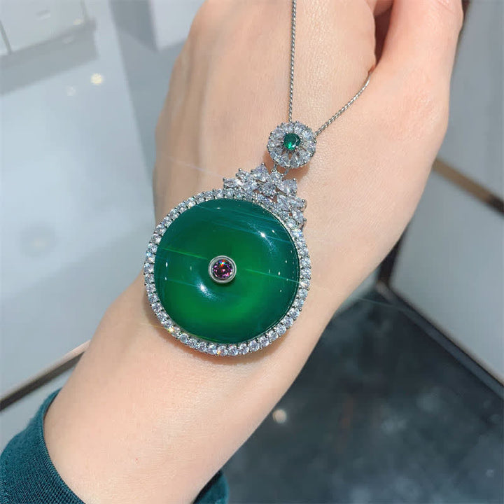 Green Chalcedony Round Peace Buckle Strength Necklace Pendant - image 1