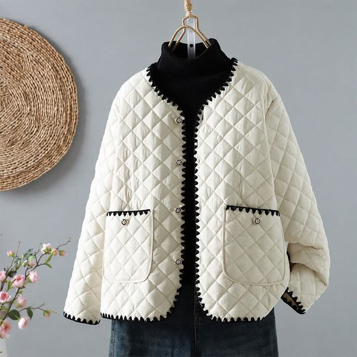 Buddha Stones Winter Casual Vintage Button-Up Geometric Rhombus Design Women's Jacket With Pockets - White - US6, UK/AU10, EU38 (XL) - image 0