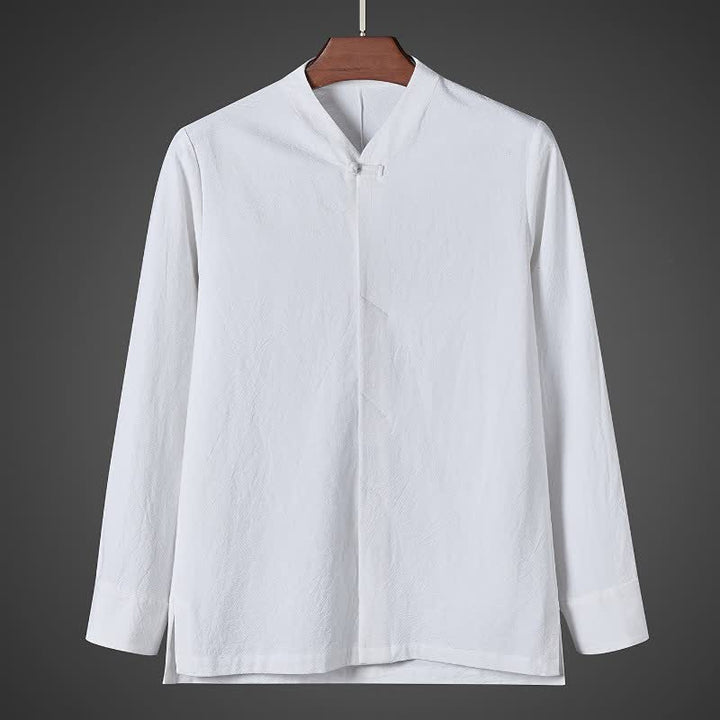 Buddha Stones Fall Simple Tang Style Pankou Solid Men's Long Sleeve Shirts - White - US/UK/AU44, EU54 (5XL) - image 10