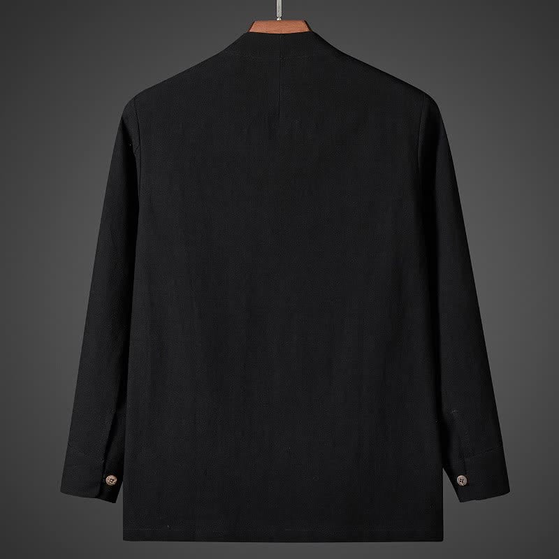Buddha Stones Fall Simple Tang Style Pankou Solid Men's Long Sleeve Shirts - image 7