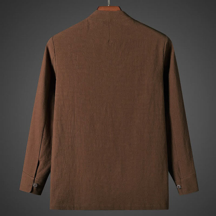 Buddha Stones Fall Simple Tang Style Pankou Solid Men's Long Sleeve Shirts - image 1
