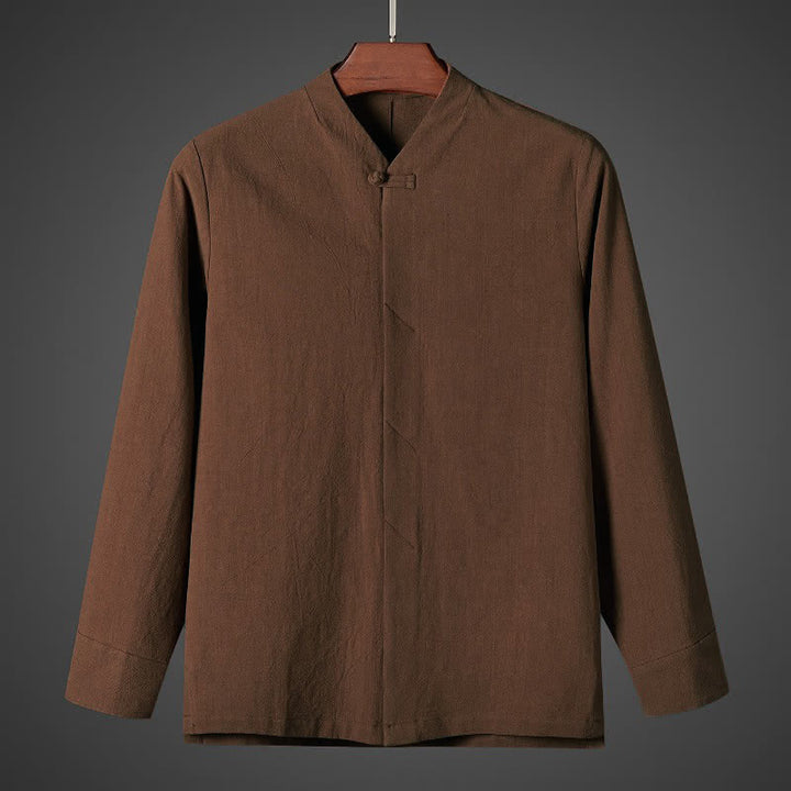 Buddha Stones Fall Simple Tang Style Pankou Solid Men's Long Sleeve Shirts - Sienna - US/UK/AU44, EU54 (5XL) - image 0