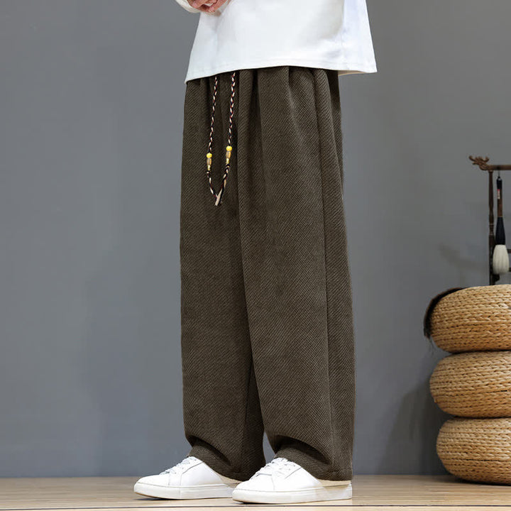 Buddha Stones Fall Winter Plain Classic Drawstring Solid Ankle Pants Corduroy Men's Straight Leg Pants With Pockets - Tan - US/UK/AU46, EU56 (5XL) - image 0