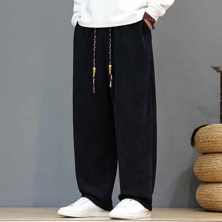 Buddha Stones Fall Winter Plain Classic Drawstring Solid Ankle Pants Corduroy Men's Straight Leg Pants With Pockets - Black - US/UK/AU46, EU56 (5XL) - image 11