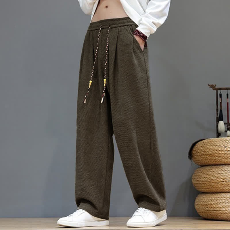 Buddha Stones Fall Winter Plain Classic Drawstring Solid Ankle Pants Corduroy Men's Straight Leg Pants With Pockets - image 2