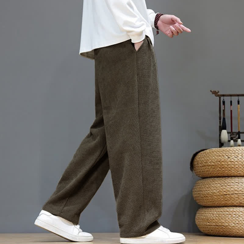 Buddha Stones Fall Winter Plain Classic Drawstring Solid Ankle Pants Corduroy Men's Straight Leg Pants With Pockets - image 3