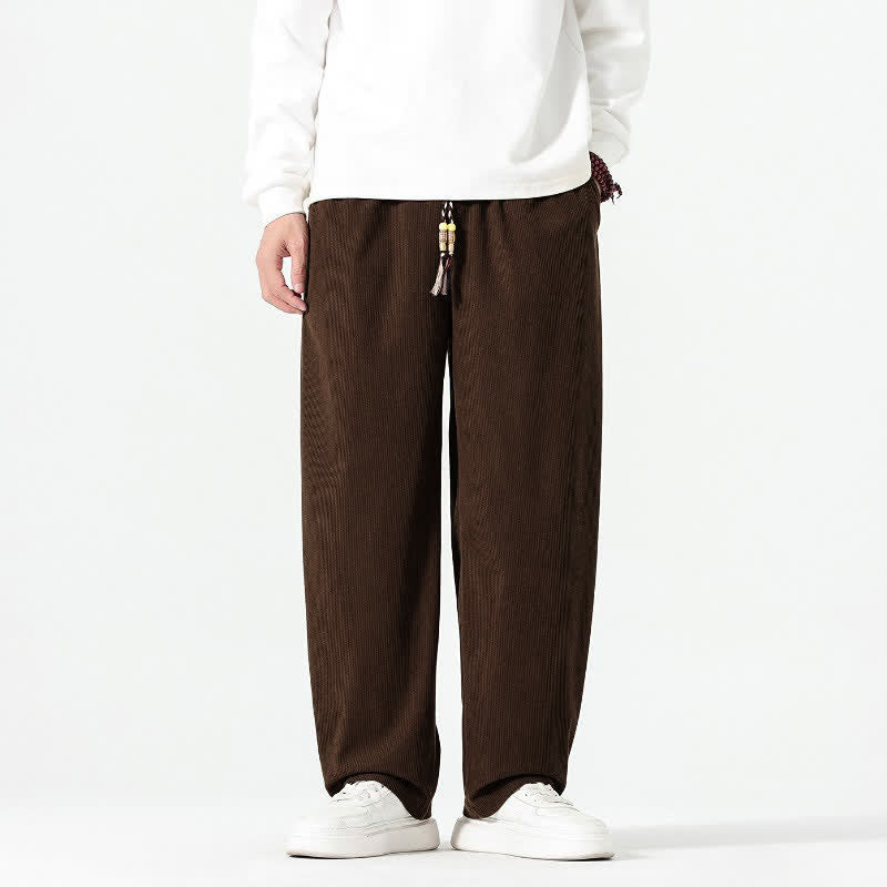 Buddha Stones Fall Winter Casual Boho Drawstring Solid Ankle Pants Corduroy Men's Straight Leg Pants With Pockets - image 1