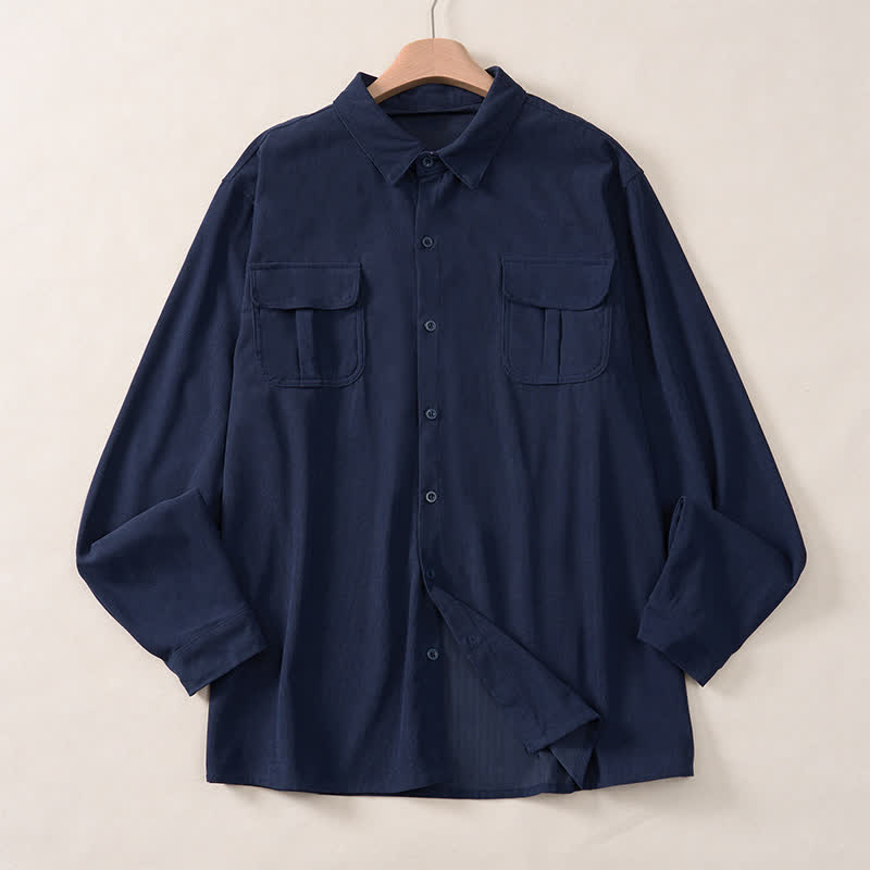 Buddha Stones Spring Casual Simple Solid Corduroy Men's Long Sleeve Shirts With Patch Pockets - image 18