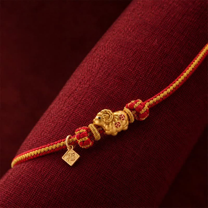 Buddha Stones Year of the Goat Copper Coins Sheep Ram Braided Red String Peace Fu Character Charm Bracelet - image 12