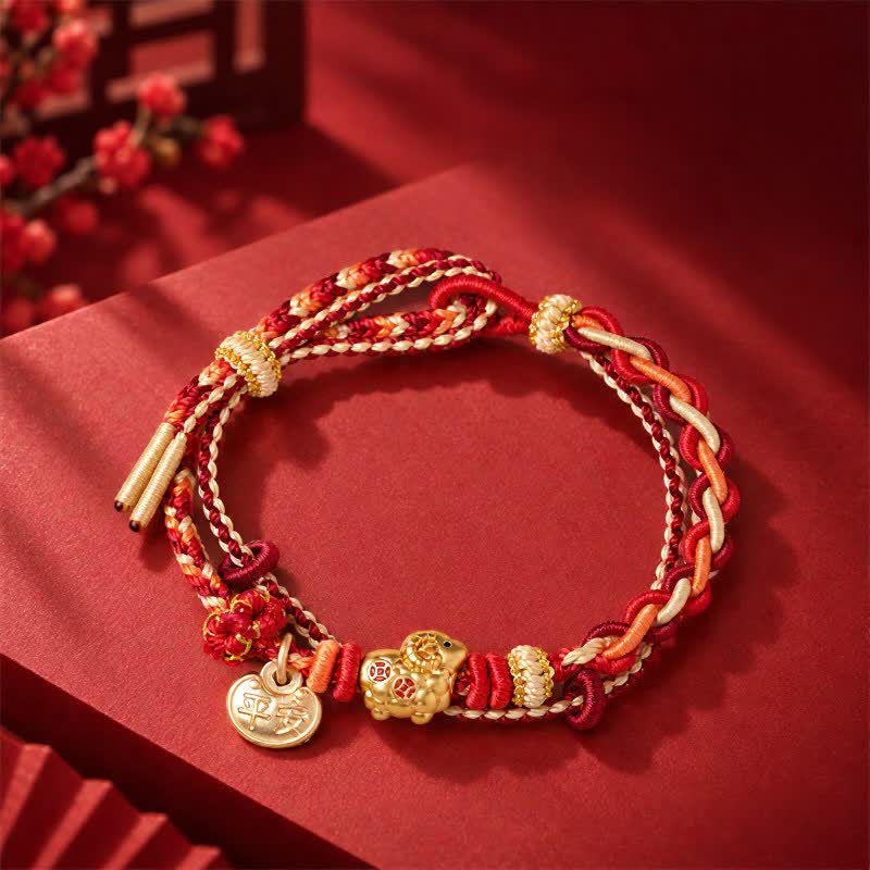 Buddha Stones Year of the Goat Copper Coins Sheep Ram Braided Red String Peace and Happiness Charm Bracelet - image 1
