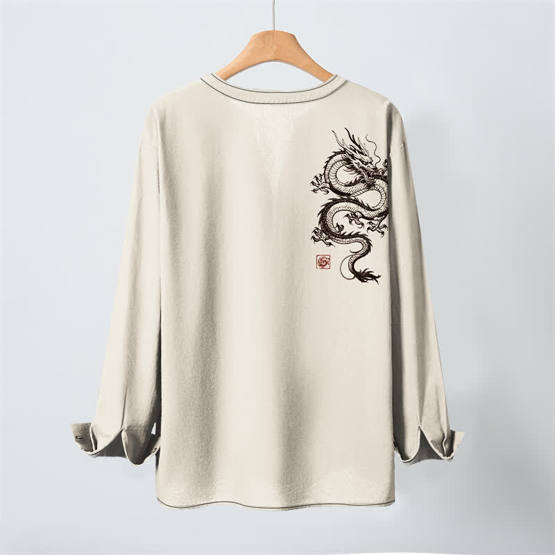 Buddha Stones Cotton Oriental Dragon Pattern V-Neck Buttons Men's Long Sleeve Shirts - image 3