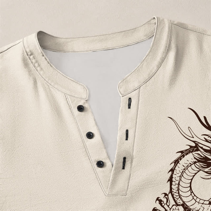 Buddha Stones Cotton Oriental Dragon Pattern V-Neck Buttons Men's Long Sleeve Shirts - image 4