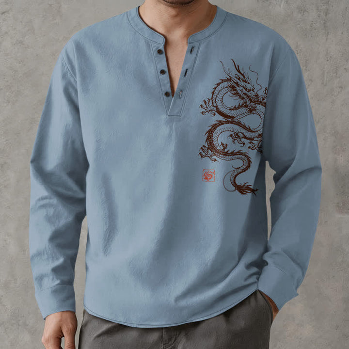Buddha Stones Cotton Oriental Dragon Pattern V-Neck Buttons Men's Long Sleeve Shirts - image 15
