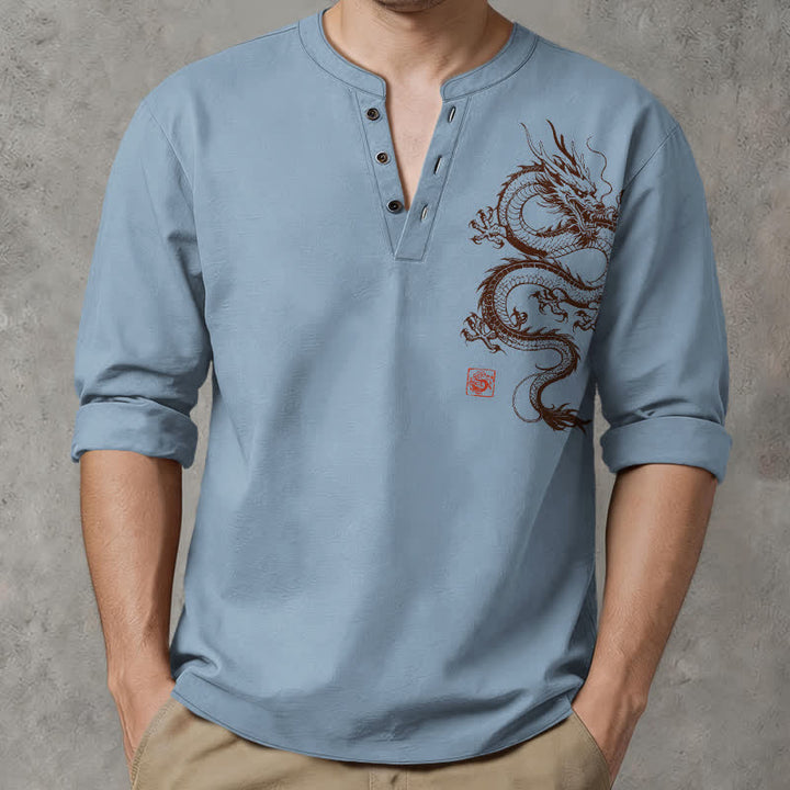 Buddha Stones Cotton Oriental Dragon Pattern V-Neck Buttons Men's Long Sleeve Shirts - LightSkyBlue - US/UK/AU48，EU58 (4XL) - image 14