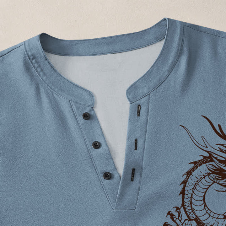 Buddha Stones Cotton Oriental Dragon Pattern V-Neck Buttons Men's Long Sleeve Shirts - image 18