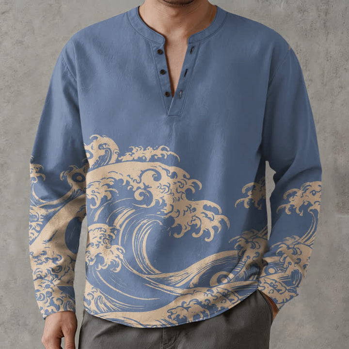 Buddha Stones Cotton Vintage Wave Cloud Pattern V-Neck Buttons Men's Long Sleeve Shirts - LightSkyBlue - US/UK/AU48，EU58 (4XL) - image 0