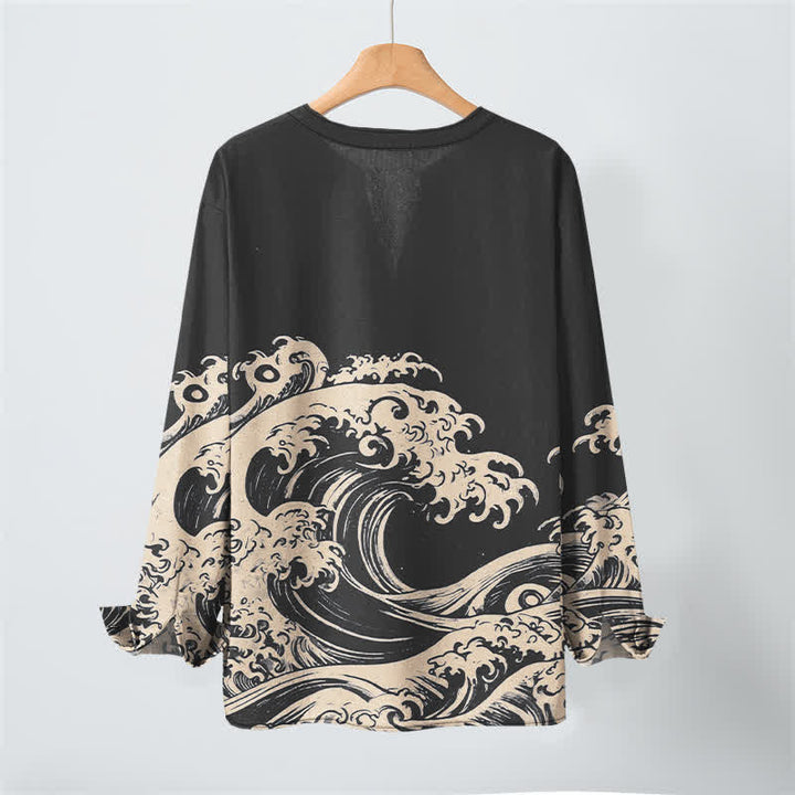 Buddha Stones Cotton Vintage Wave Cloud Pattern V-Neck Buttons Men's Long Sleeve Shirts - image 17