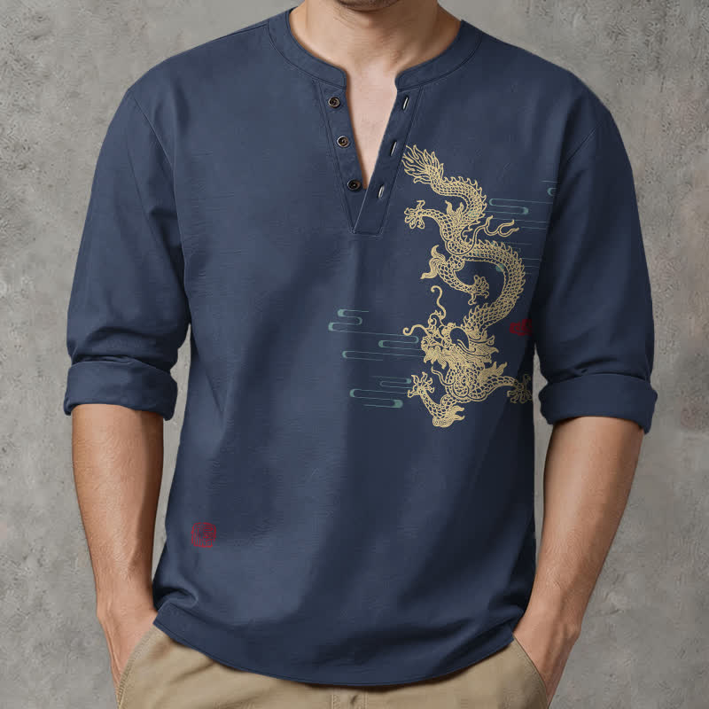 Buddha Stones Cotton Golden Dragon Cloud Pattern V Neck Buttons Men's Long Sleeve Shirts - Navy - US/UK/AU48，EU58 (4XL) - image 0