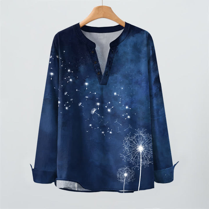 Buddha Stones Cotton Dandelion Seed Pattern V-Neck Buttons Men's Long Sleeve Shirts - image 2