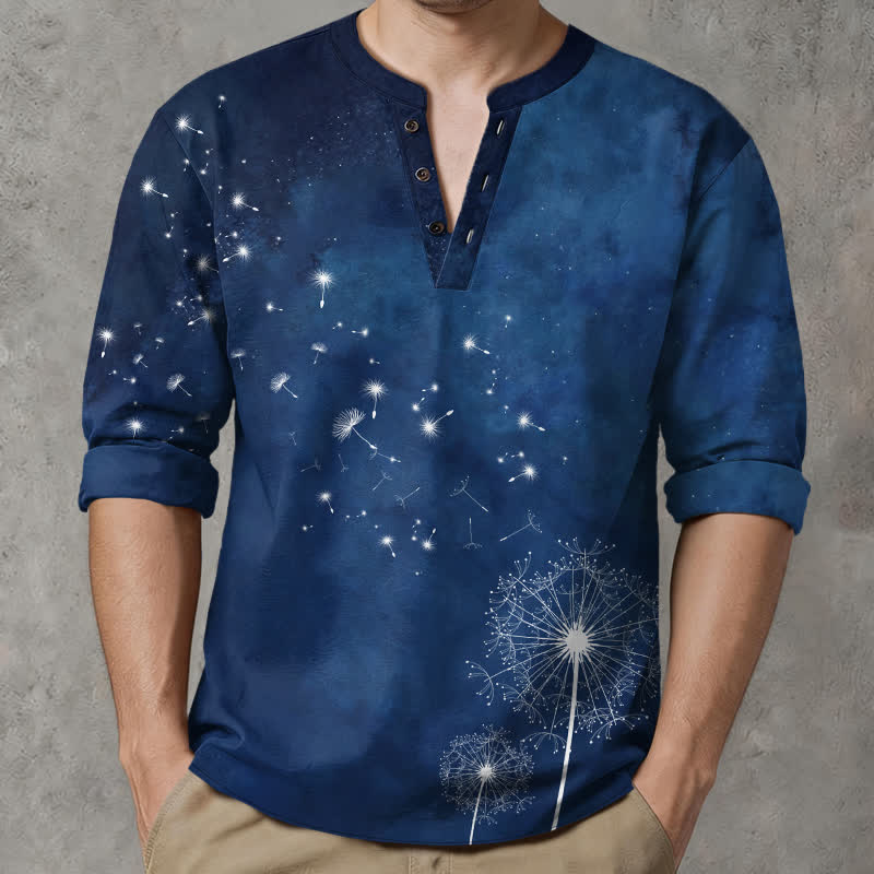Buddha Stones Cotton Dandelion Seed Pattern V-Neck Buttons Men's Long Sleeve Shirts - image 1