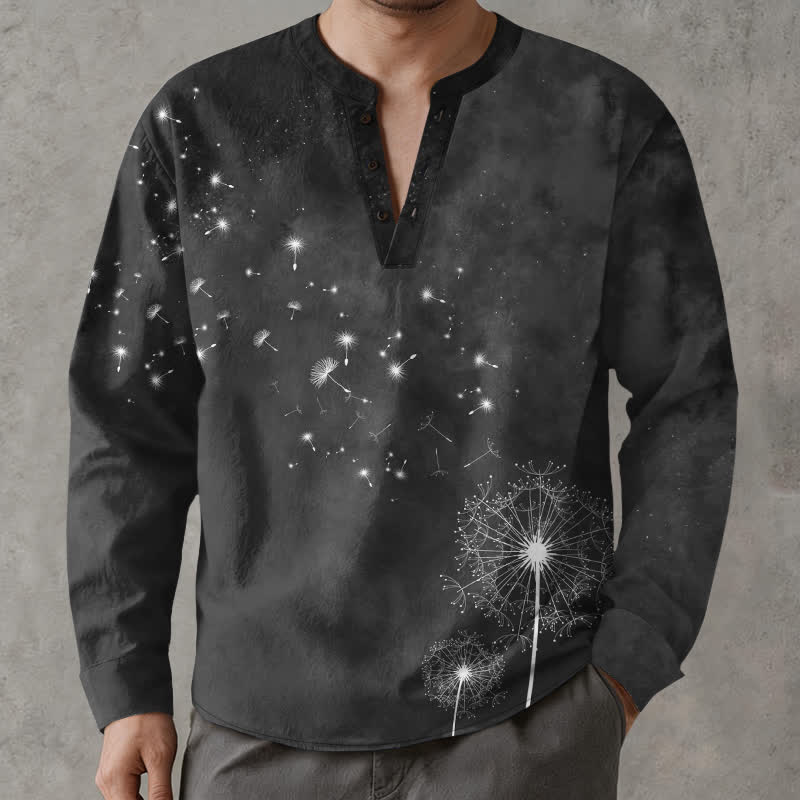 Buddha Stones Cotton Dandelion Seed Pattern V-Neck Buttons Men's Long Sleeve Shirts - Black - US/UK/AU48，EU58 (4XL) - image 14