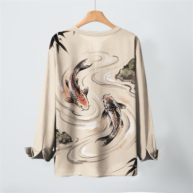 Buddha Stones Cotton Koi Lotus Ink Pattern V-Neck Buttons Men's Long Sleeve Shirts - image 3