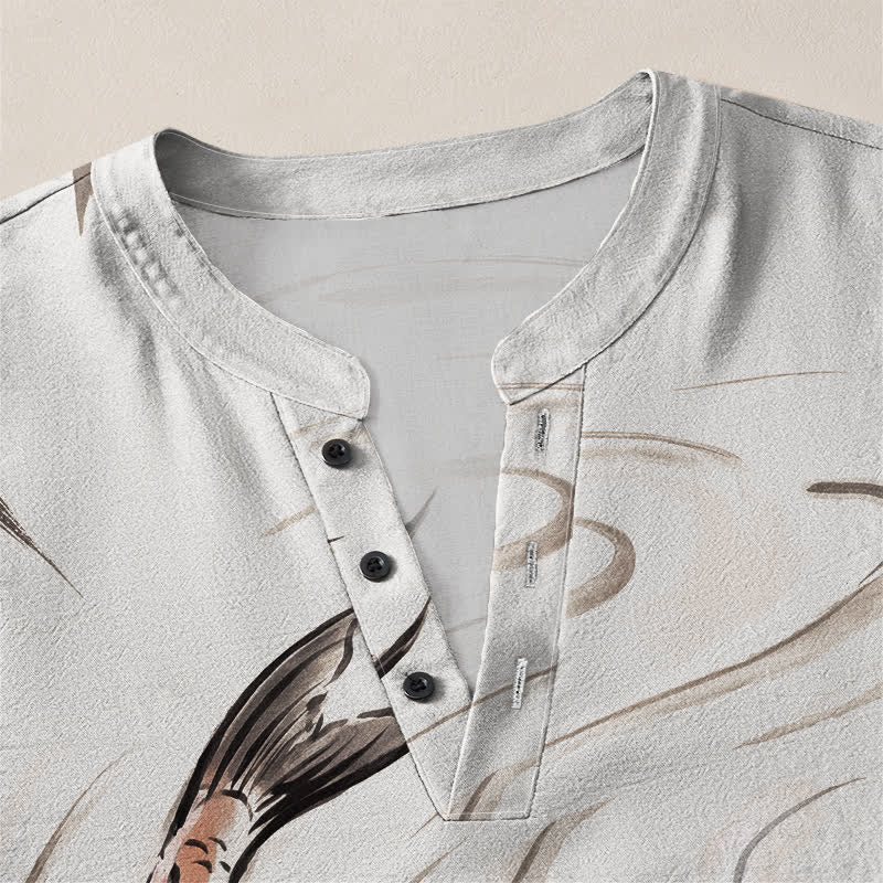 Buddha Stones Cotton Koi Lotus Ink Pattern V-Neck Buttons Men's Long Sleeve Shirts - image 11