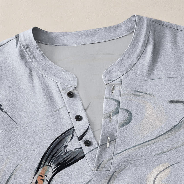 Buddha Stones Cotton Koi Lotus Ink Pattern V-Neck Buttons Men's Long Sleeve Shirts - image 18
