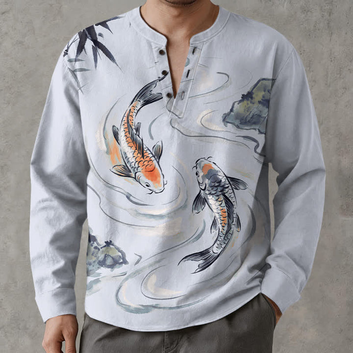Buddha Stones Cotton Koi Lotus Ink Pattern V-Neck Buttons Men's Long Sleeve Shirts - AliceBlue - US/UK/AU48，EU58 (4XL) - image 14