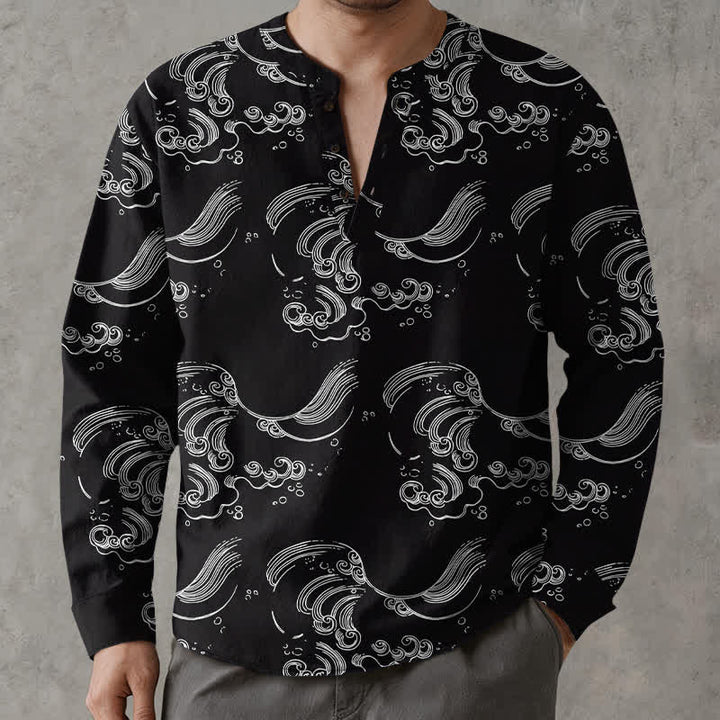 Buddha Stones Cotton Cloud Wave Pattern V-Neck Buttons Men's Long Sleeve Shirts - Black - US/UK/AU48，EU58 (4XL) - image 7