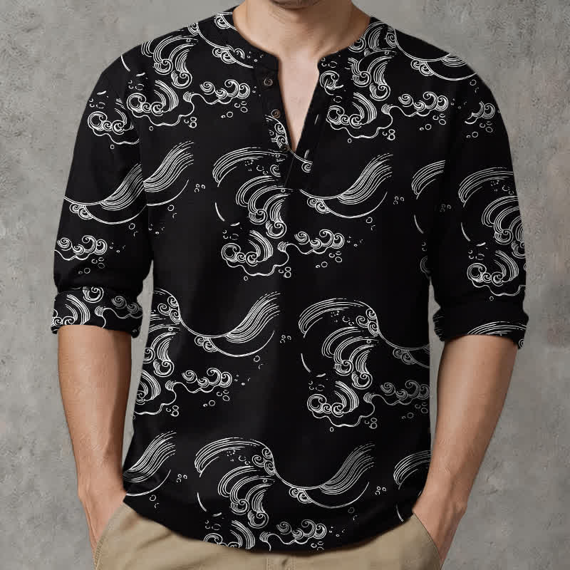 Buddha Stones Cotton Cloud Wave Pattern V-Neck Buttons Men's Long Sleeve Shirts - image 8