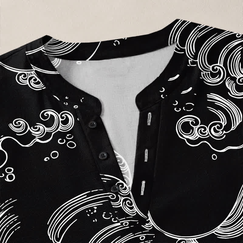 Buddha Stones Cotton Cloud Wave Pattern V-Neck Buttons Men's Long Sleeve Shirts - image 11