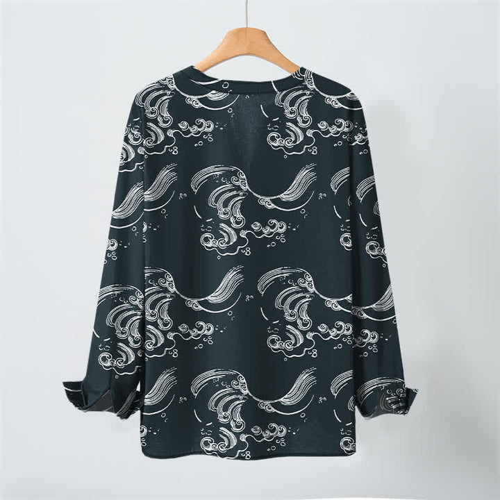 Buddha Stones Cotton Cloud Wave Pattern V-Neck Buttons Men's Long Sleeve Shirts - image 17