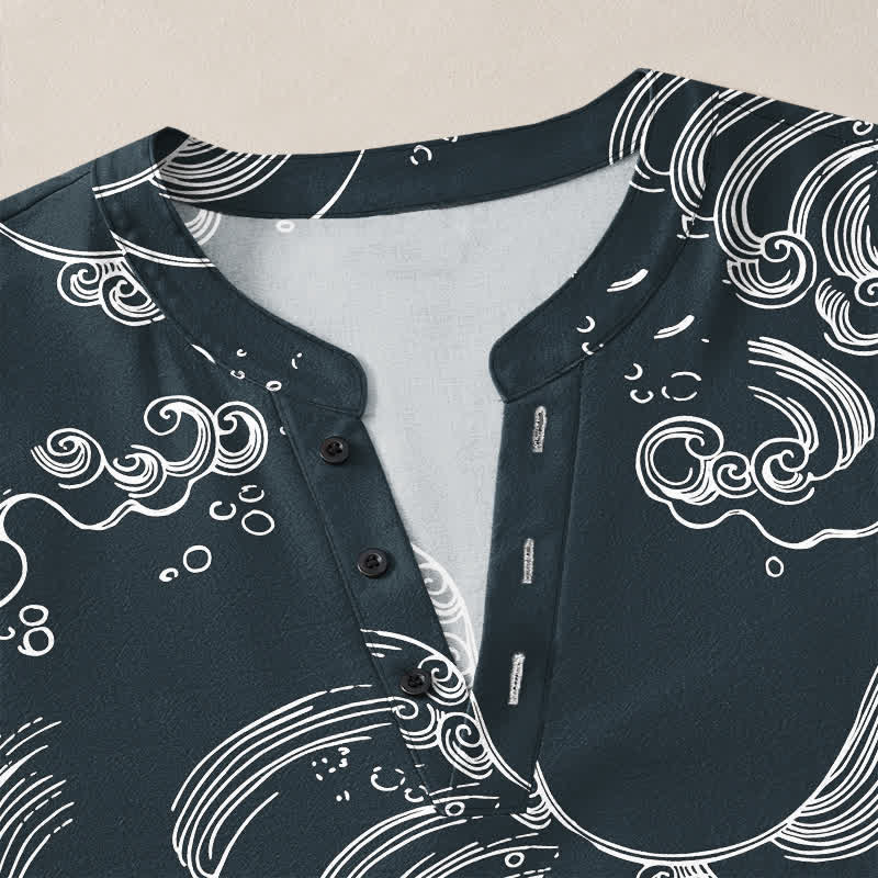 Buddha Stones Cotton Cloud Wave Pattern V-Neck Buttons Men's Long Sleeve Shirts - image 18