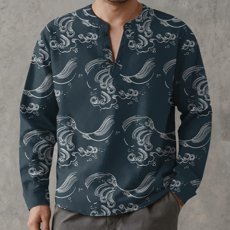 Buddha Stones Cotton Cloud Wave Pattern V-Neck Buttons Men's Long Sleeve Shirts - image 15